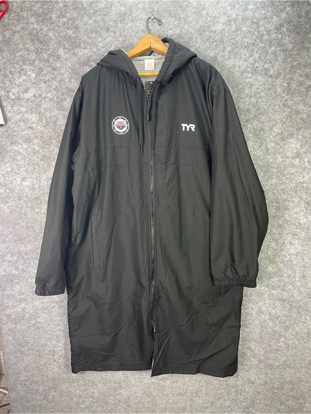 USA Swimming Jacket Mens Large Black Swimming TYR Podium Parka Hooded Coat